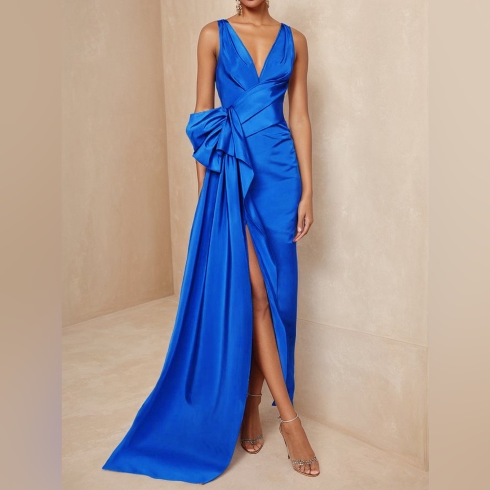 Fehaute Blue Bow Asymmetric Satin V Neck Sleeveless A-Line Maxi Dress